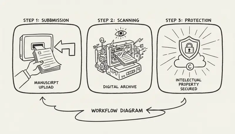 Step-by-step workflow diagram showing AI music creation documentation process - infographic style with numbered steps