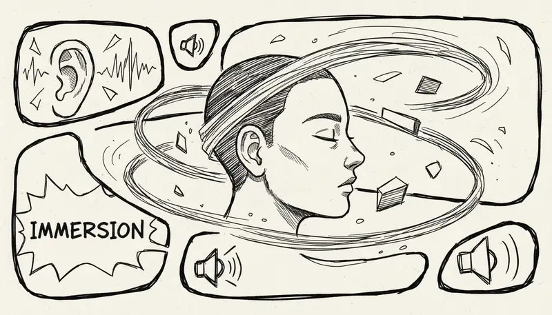 360-degree spatial audio visualization with sound waves in 3D space - immersive audio technology concept