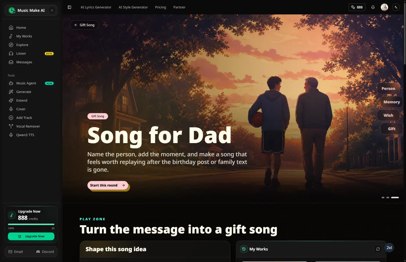 Song for Dad playground detail page