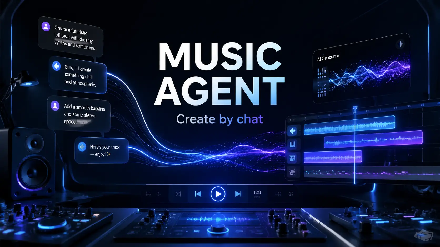 AI chat bubbles turning into musical waveforms in a studio