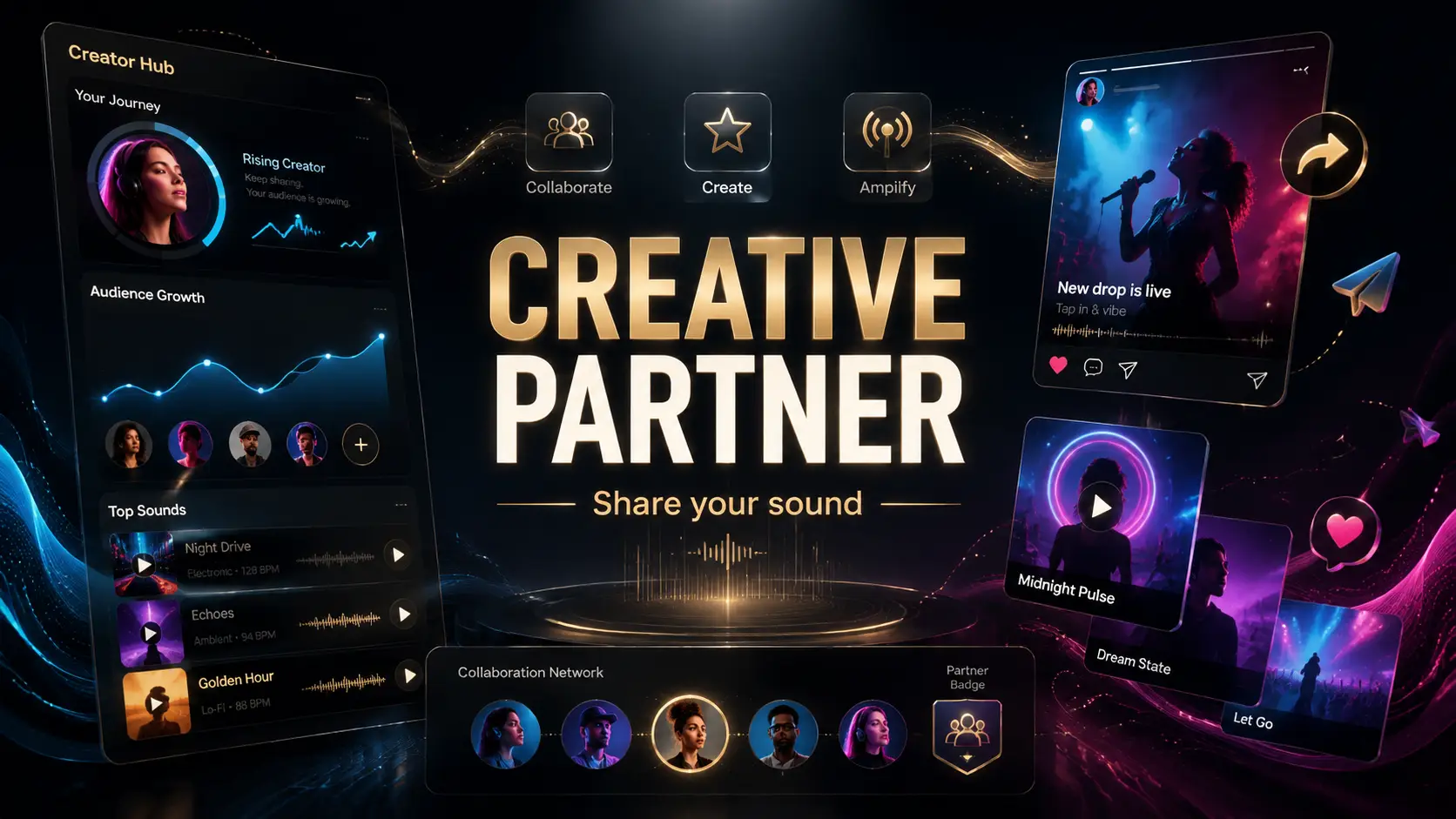 Creative partner campaign visuals with music content cards