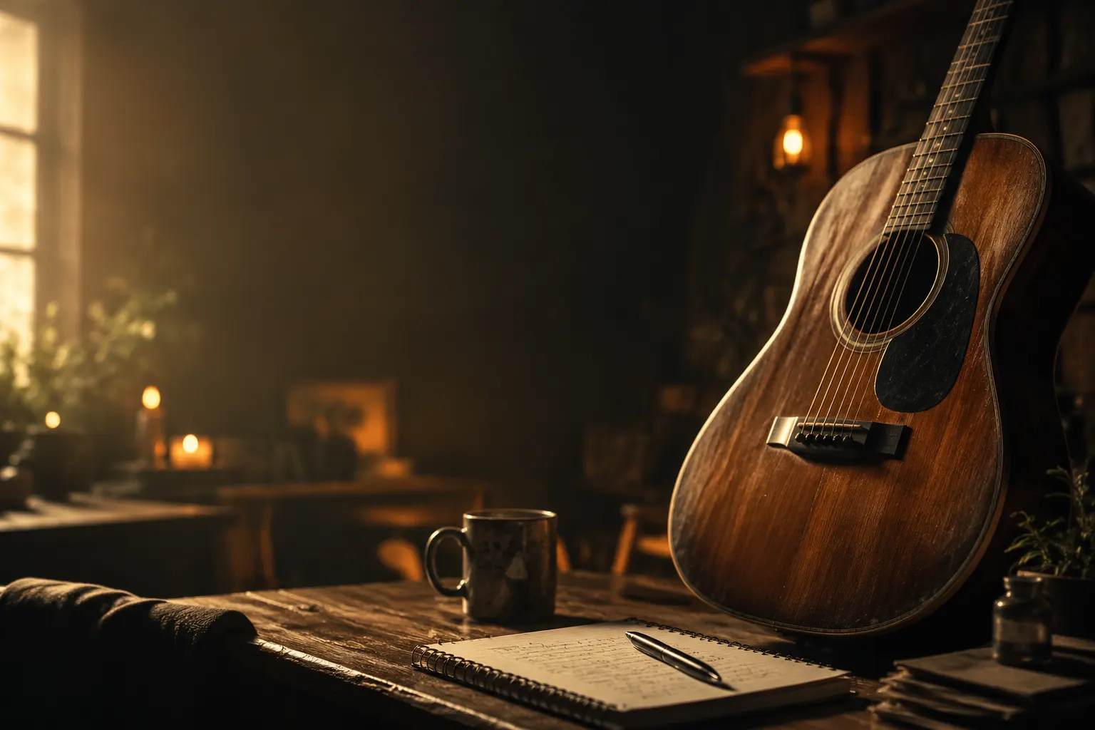Gitar akustik di ruangan nyaman dengan pencahayaan hangat