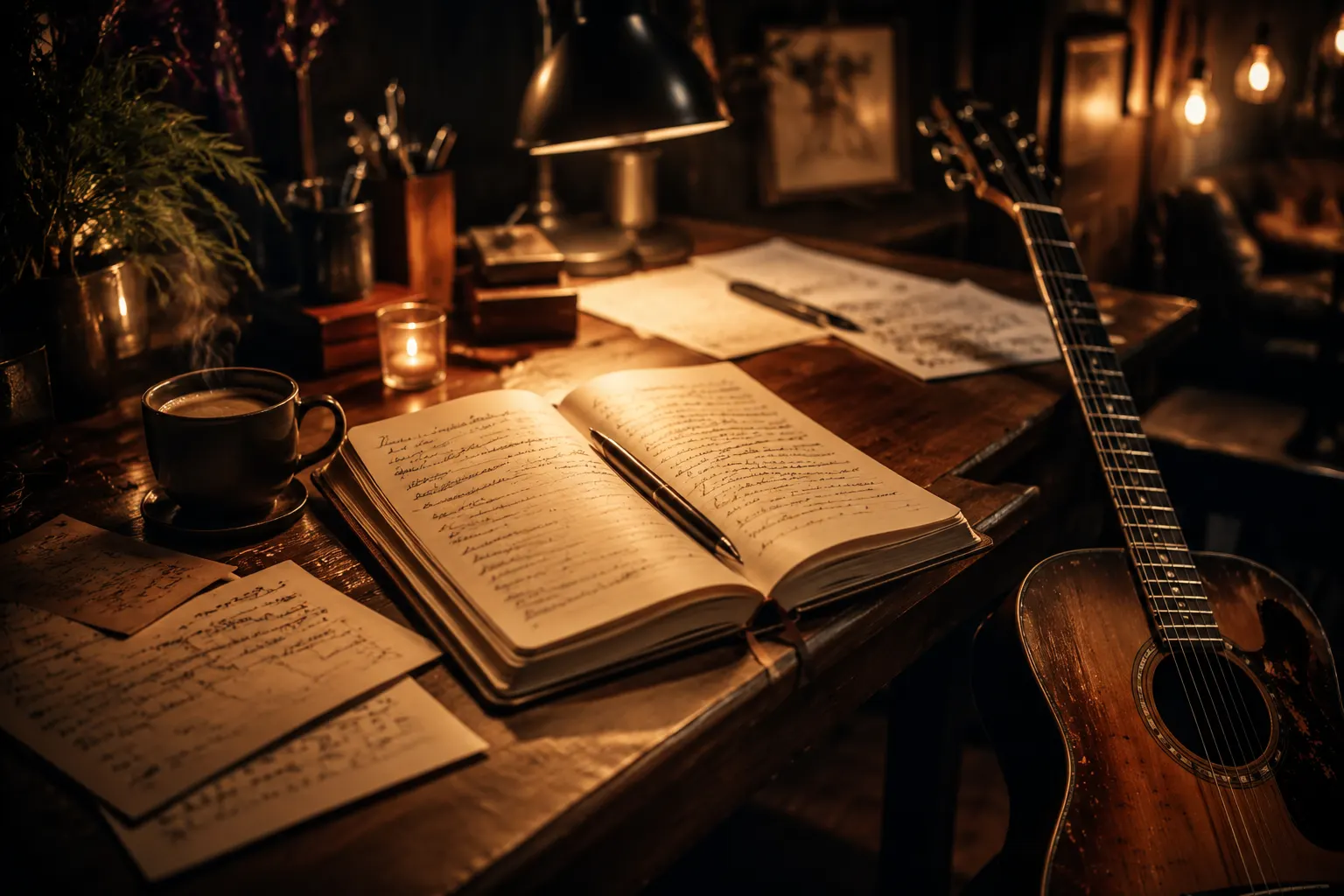 Buku catatan penulisan lagu dengan gitar akustik dan kopi