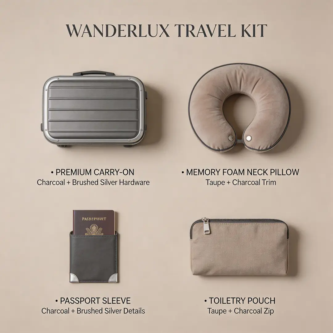 A premium travel kit concept board featuring coordinated products, refined materials, and a clean review-style layout.